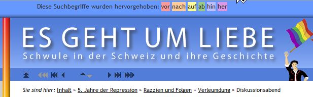 Treffer-Seite: bunte Keywords werden übernommen und zur Erinnerung zuoberst dargestellt